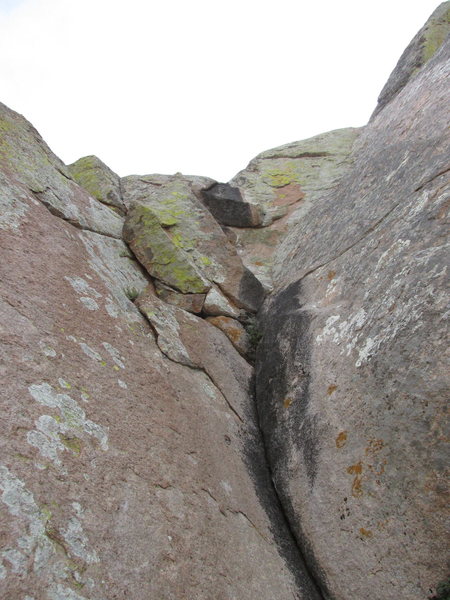 Top part of the gully section of the climb, start of our Pitch 3. The rock here is quite slick and not having a rope drag was an advantage.