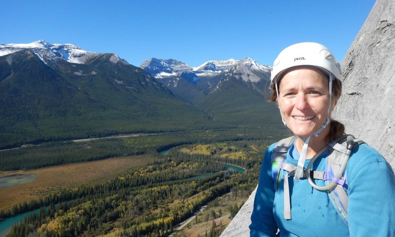 Brenda at a belay station midway up Aftonroe in Banff, Canada Sept 2016. A fantastic climb from start to finish.