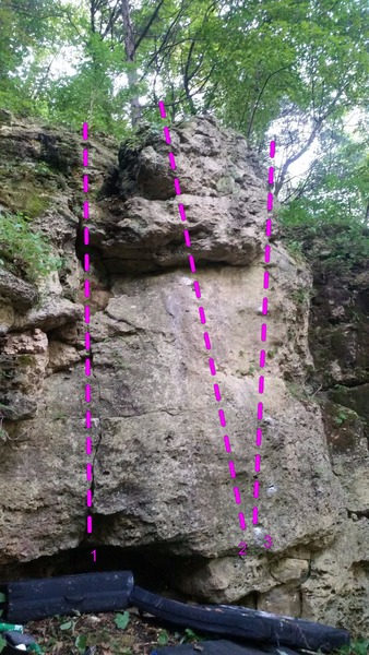 Front side view of Morell Boulder. 1 = On the Prowl, 2 = Natural High, 2 = Out Shroomin