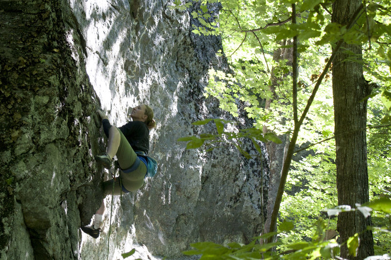 Torie getting ready to pull on to the slabby finish after the small roof.<br>
Photo by devon hastings