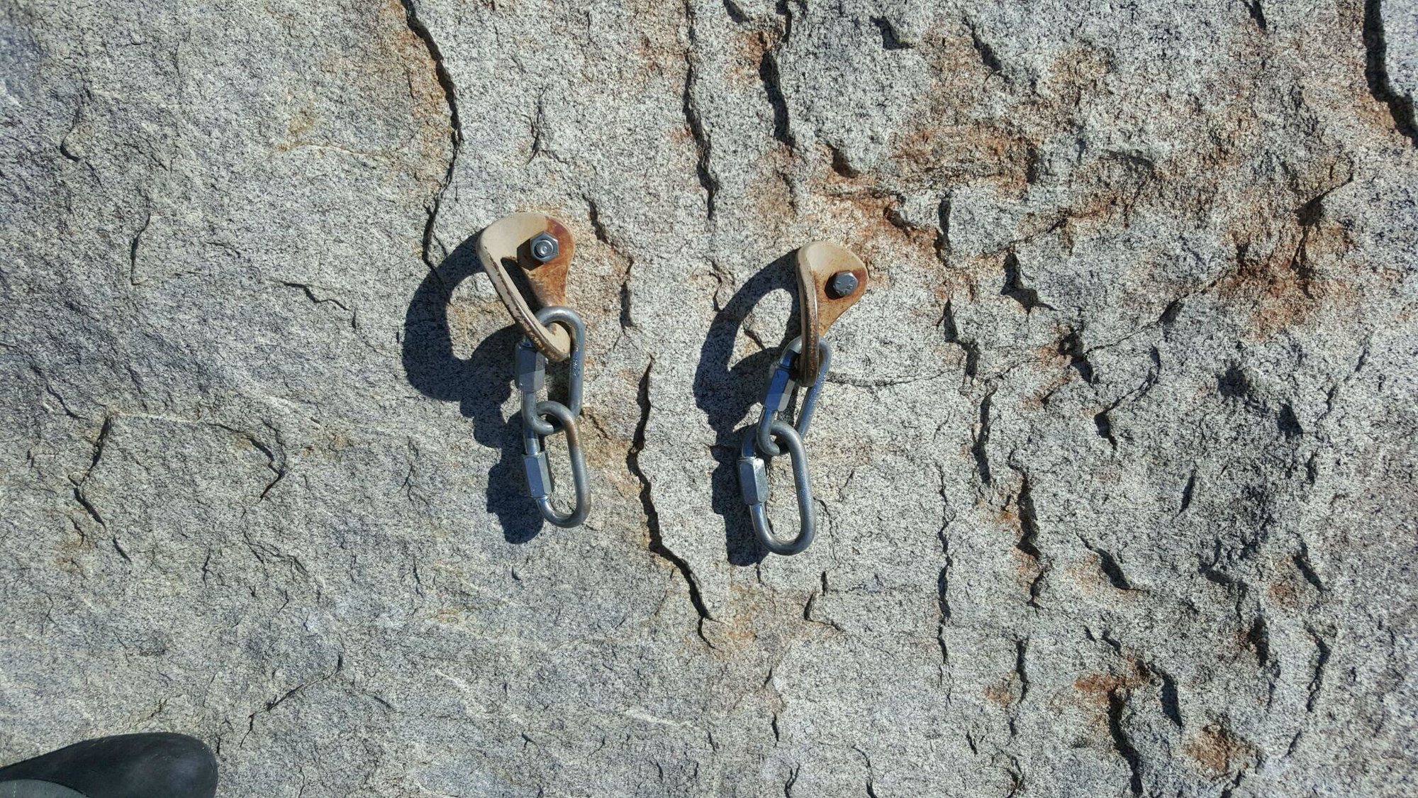 Rappel rings halfway up pitch one. Used for rappelling with a single rope.