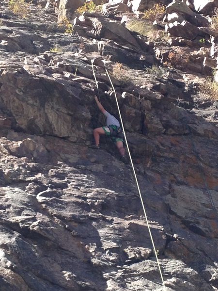 Climber under the Oyster Bar roof.