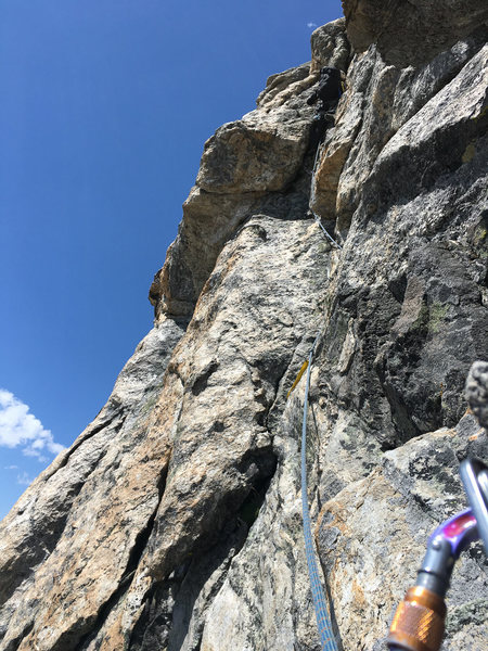 Another shot of our belay above pitch 2 of the SE Ridge of Middle Teton