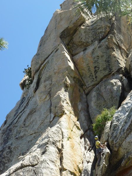 Investigating the super intimidating upper section of Children of the Sun during the first FA attempt!!<br>
Photo by Little Anni O!!!