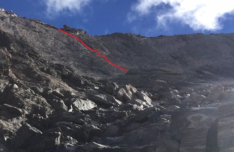 A rough line of the route from near the top of the triangular buttress, which is visible to the lower right. Note the small, broken tower at the top of the route - this is an excellent landmark.