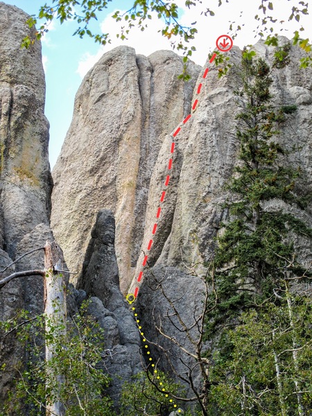 As Seen from pay dirt pinnacle. Red: Route, Yellow: Approach