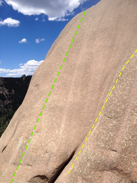 Two of the routes on the upper wall.<br>
<br>
"Never Needs Ironing" (sustained .9) on the left, <br>
"Change Your Shorts, Change Your life" (sustained 9+) on the right.<br>
<br>
Additional routes are farther left.