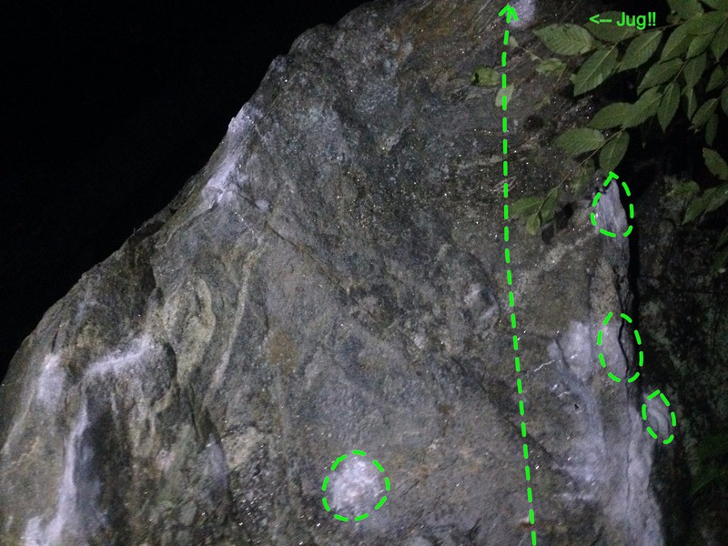 Upper portion of the climb with holds used highlighted