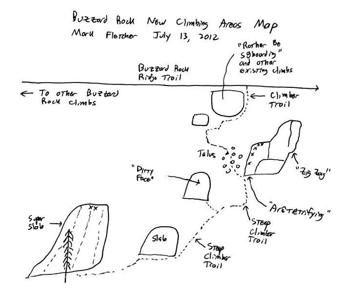 Map to Buzzard Rock New Climbing Areas (Aretefying, Super Slab area)