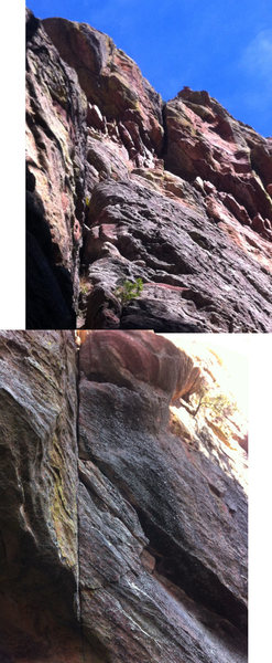 Two pic exposure combined looking up the route. The bottom photo perspective is closer and bigger than reality. The bottom of the pic shows the seam where this is the first spot for nut protection about 8-10' off the ground.
