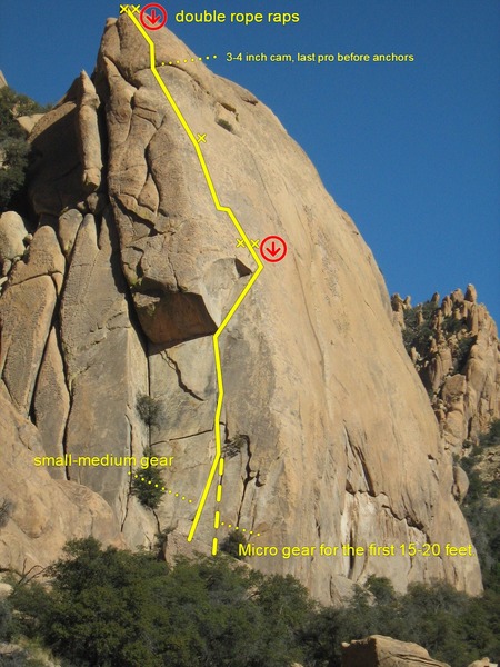 2 starts. The left route is up a flake. Or face climb and use finger tips up the right crack for 15' (PG-13ish, micro gear). I rappelled straight down the route with 2 ropes. Pic by Brad Schierer