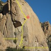 2 starts. The left route is up a flake. Or face climb and use finger tips up the right crack for 15' (PG-13ish, micro gear). I rappelled straight down the route with 2 ropes. Pic by Brad Schierer