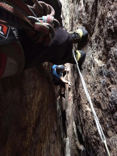 2nd and 3rd in a group of 3 coming up through the pitch 2 chimney.