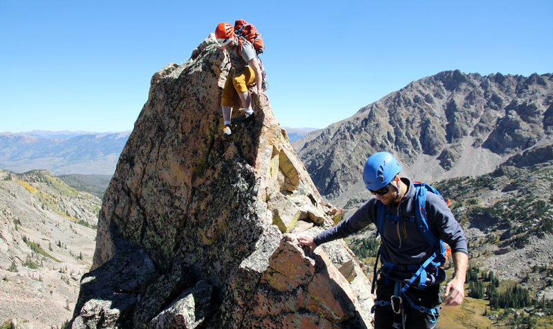 Downclimbing Freya's west ridge.