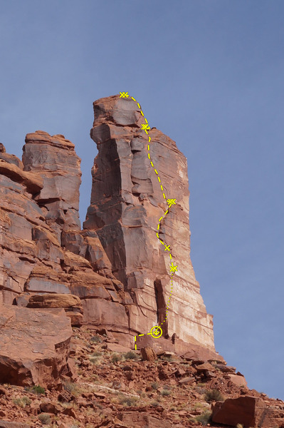 Route topo for Jah Man.<br>
<br>
A 70m makes it from the top of the chimney to the ground with room to spare.