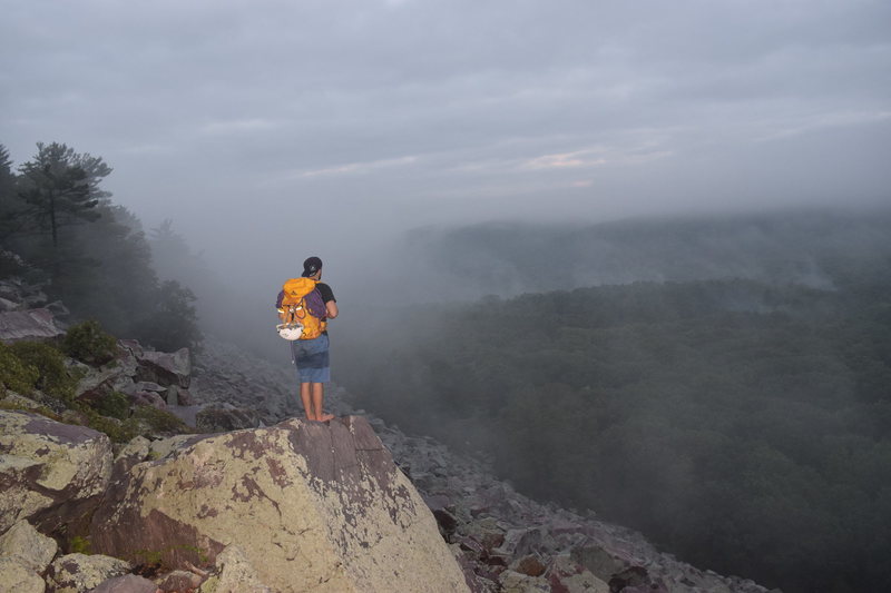 Overlooking the foggy East Bluff talus.  Photo by Kyle Colburn.