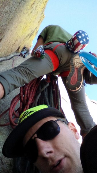 Three person hanging belays are always more fun when you bring a Belgian along