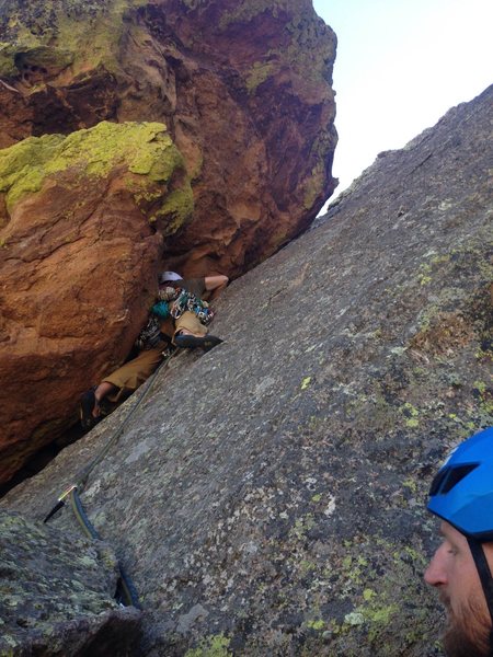 Setting off on the final pitch. Should have belayed on big block below me.