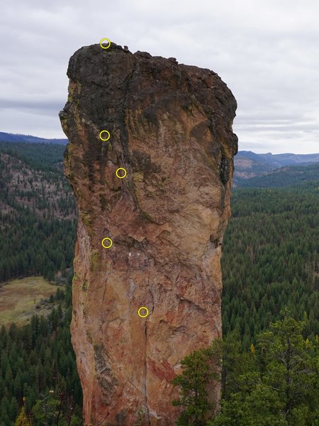 West Face belays. Linked P1+P2, then all the way to the top. If doing this, bring at least 18 draws, mostly alpine, and prepare for bad rope drag on the final 30 feet of 5.6 to the top. Belaying at the top of the steep section then running a short 3rd pitch may be the best option