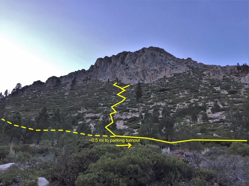 Approx approach path up the slope after the initial ~1/2 mile of flat travel parallel to the road from the parking area. The turn right up the slope is easy to miss. In general look for the large lone pine tree in the middle of the slope. The loose "path" goes to the left of this tree.