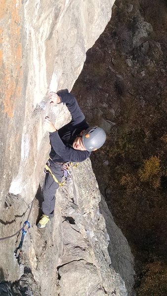 Scott right after traverse on P3 about to head to Ashtray Belay.