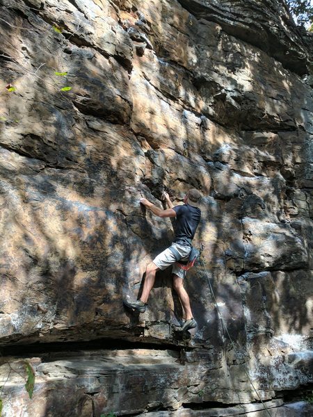 Jon moves past the large ledge, not realizing that he just climbed past a snake sunbathing on the crack.