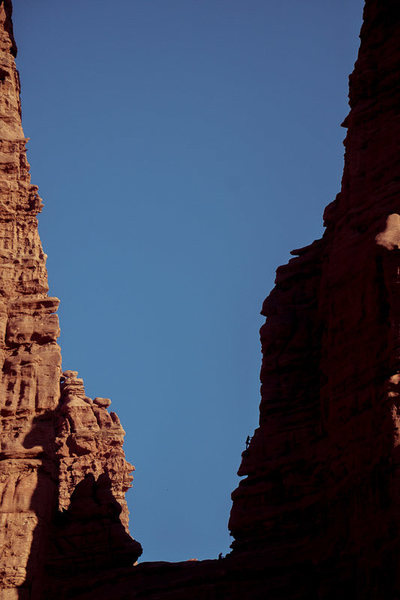 Two unknown climbers aiding on the Titan, as seen from the base of Ancient Art. I couldn't quite figure out what route they were on from any of the route descriptions.