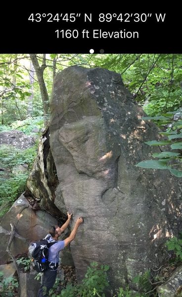 Freestanding boulder with the iPhone GPS coordinates. The right arete/face has been done, but the left arete has not, will be hard.