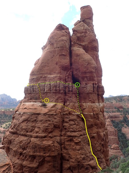 Lower Pitches. Yellow is preferred to reduce drag, but the belay is easier on green using the rap slings as anchor.