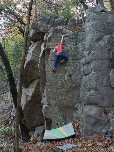 This is called "I See The Bucket", 5.11a without the corner (the variation) or 5.10b with the corner. It's listed on MP as a boulder problem (linked below in a comment).