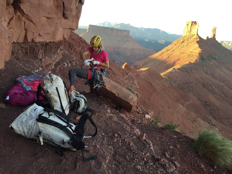 Angela Van Stein taping up for our summer ascent