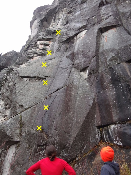 Looking up at Kennebago, 5.11c on a very wet day.