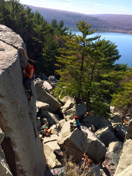 Clayton bouldering out the tall crack. Proud!