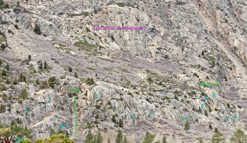 Silver Lake area overview
<br>
. 0 = Bachar sector 0
<br>
. 1 = Croft sector 1
<br>
. obvious gully
<br>
. 2 = Robinson sector 2
<br>
. 3 = Talsky
<br>
. 4 = Search And Rescue
<br>
. 5 = Erb
<br>
. 6 = Franosch
<br>
. 7 = Lewis
<br>
. 8 = Moynier sector 8
<br>
. peak Silverhorn
<br>
. 9 = Secor sector 9