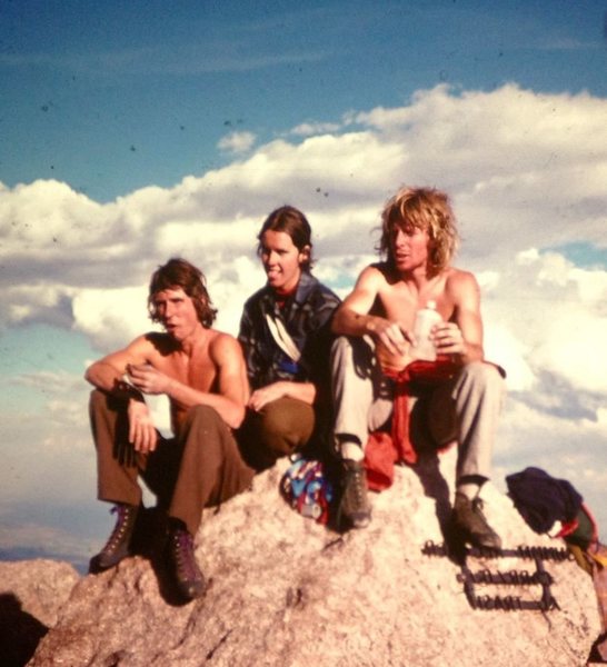 Charlie Fowler, Kathy (?), and Jim Tangen-Foster (L-to-R) after summiting D7 in 1976. It was Fowler's 1st time on the Diamond. In 1978, he free soloed the Casual Route.