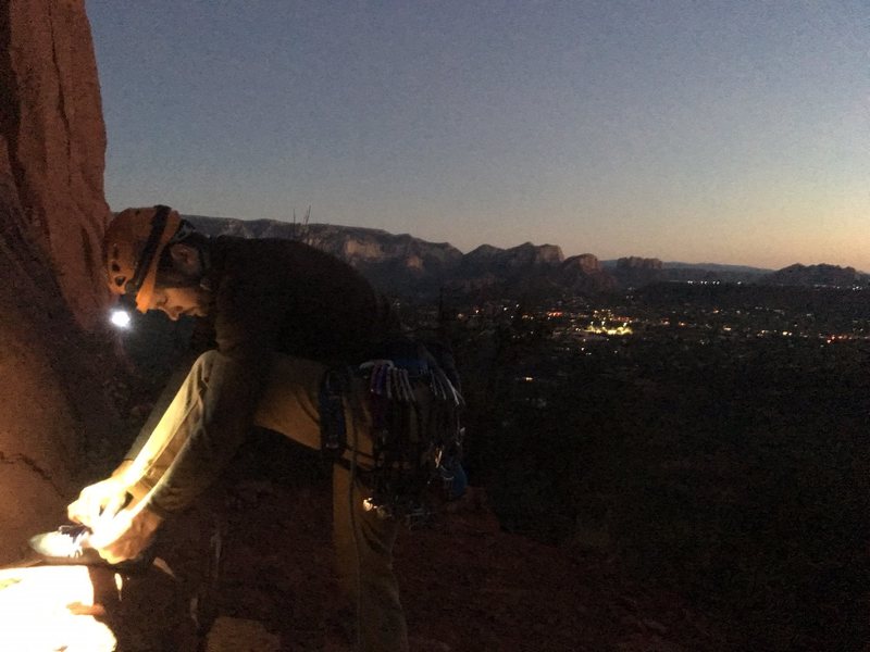 Kyle, lacing up for our super moon night ascent of Dr. Rubo's.