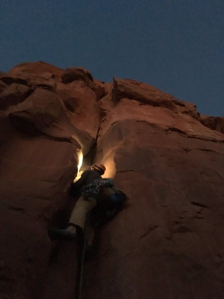 Kyle starting up p1 on our night time ascent of Dr. Rubo's.