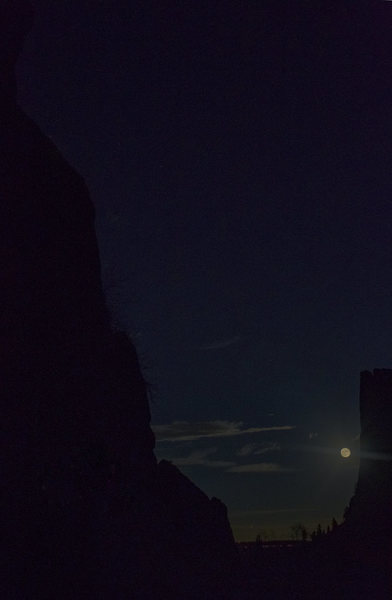 The 2016 super moon rising between the Redgarden and Bastille walls of Eldorado Canyon. Nov. 14, 2016.