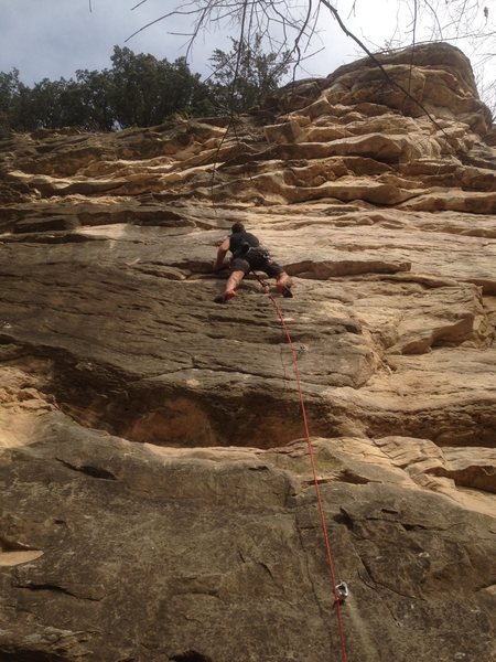 Scott Riley, leading Karp Tool during Nov 2016, climbing through the crux section