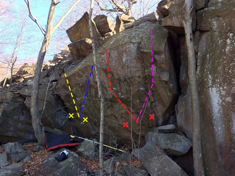 This is THE boulder of the area. It's 10-17 feet tall and 25-50 degrees overhanging. The rock is extremely high quality trap rock with great friction. Off the Chopping Block (V6) in yellow, project in blue, HARD project in red and highball project in purple. There is also potential for very hard low starts