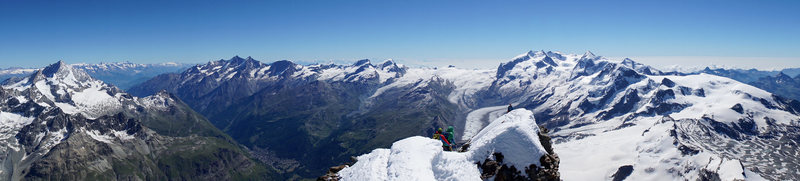 Matterhorn summit panorama east. Seen in the background (left-to-right): Weisshorn, Mischabel and Monte Rosa Groups.