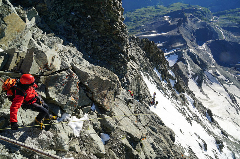 Looking down the Lower Moseley Slabs from the Solvay Hut.