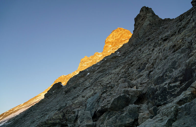 Morning light on the upper mountain. View from East Face below the Alte Hütte.