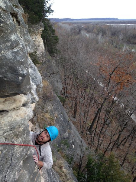 Terry, from Austin TX, enjoying the second ascent, following on familiar limestone