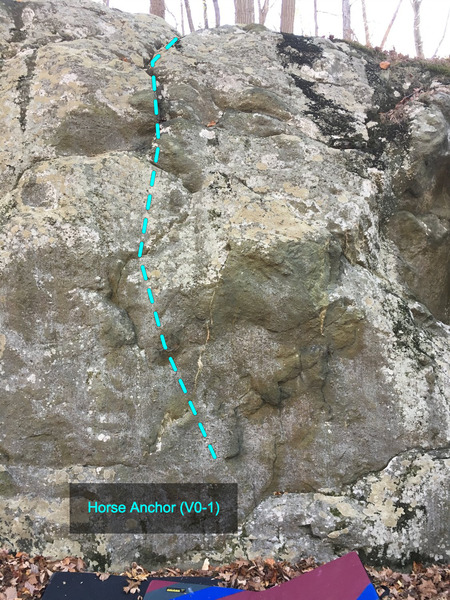 Horse Anchor (V0-1) at the Charcoal Exhibition Boulder<br>
Charcoal Exhibit Boulders Area, Catoctin Mountain Park
