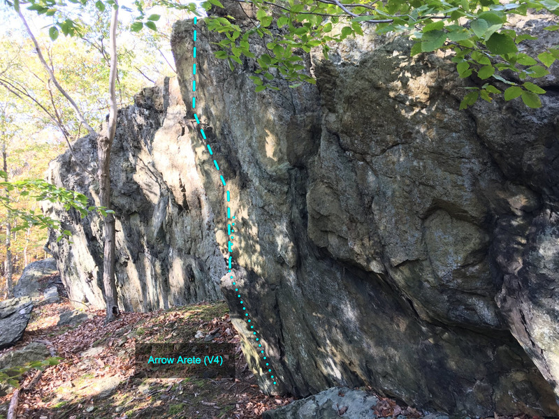 Arrow Arete (V4) viewed from the other side of the corner. Note the discolored vein of darker rock.