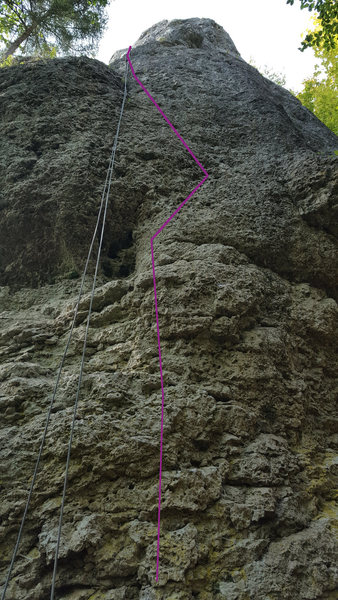"Alter Weg" starts straight up the wall but trends left between the third and fourth bolt.