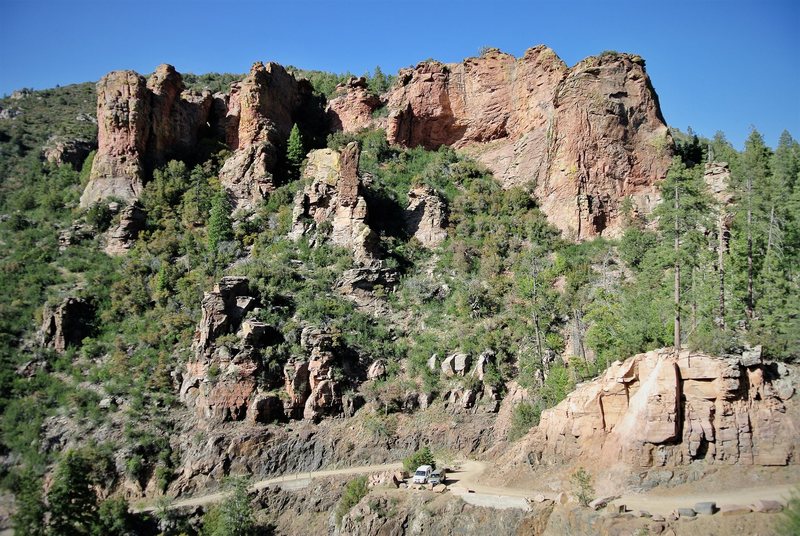The area above the falls is home to one route, on the right side of the ruins. Room for more routes on the surrounding rocks.