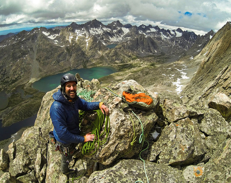 Jake Frerk on the summit of the Red Tower after the FA of R.E.G.