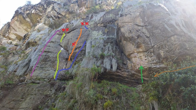 Filthy Fellow follows the purple line in the photo.<br>
<br>
The orange arrow denotes the hiking approach to the ledge.